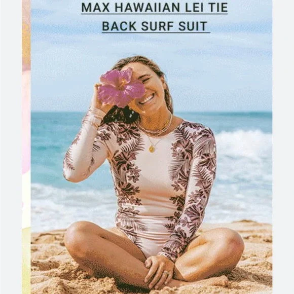 NWT Hurley X Carissa Moore Hawaiian lei tie back surf suit. Peach/Brown - Picture 4 of 8